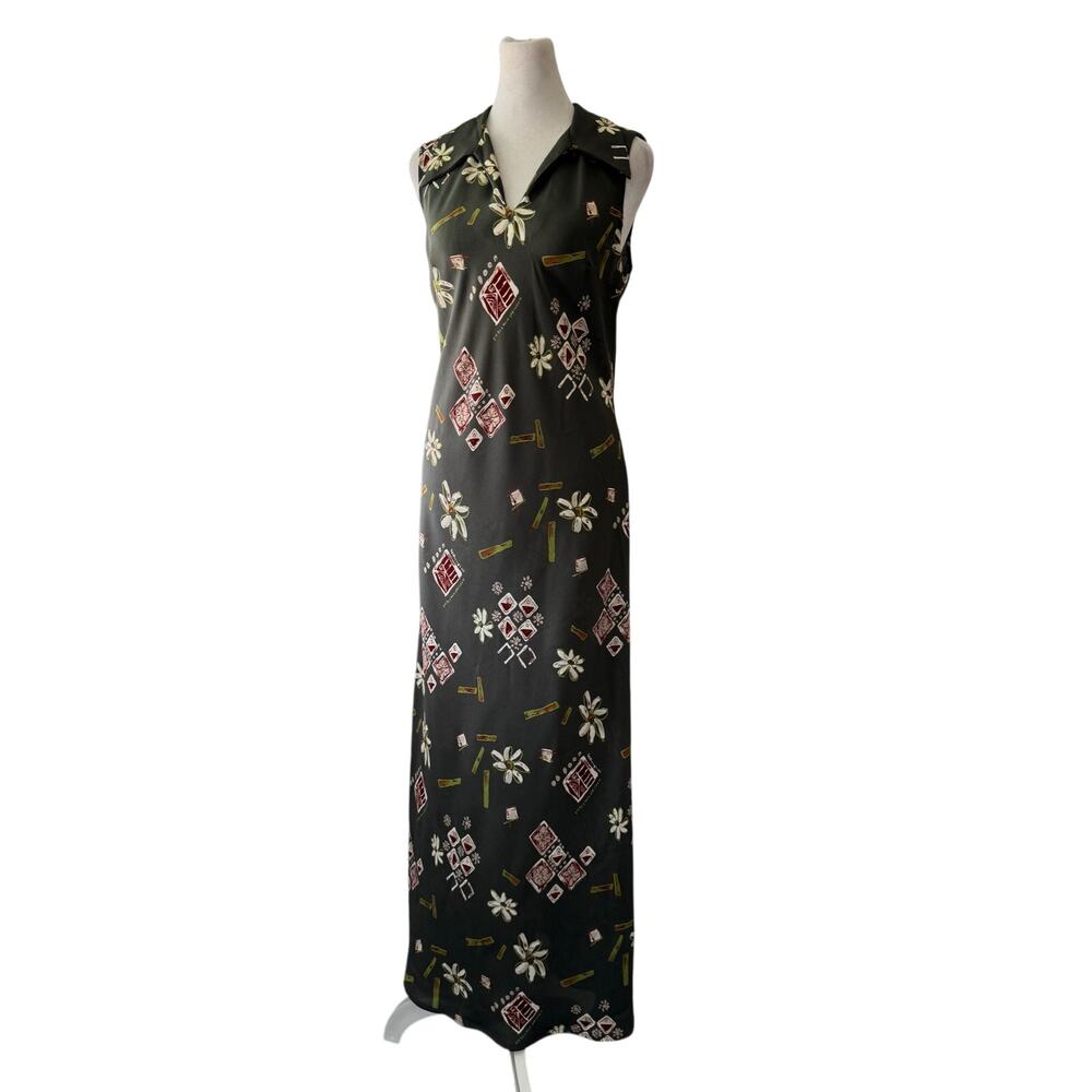 Vintage Y2K Eminance U.S.A. Khaki Green Semi-Sheer Floral Print Maxi Dress